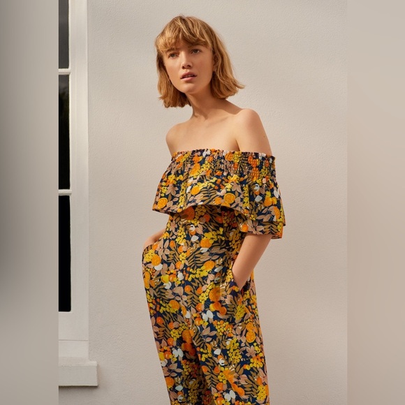 Whistles / Nadia Citrus Print Jumpsuit silk ruffle off shoulder Yellow Multi 6 - Picture 2 of 5